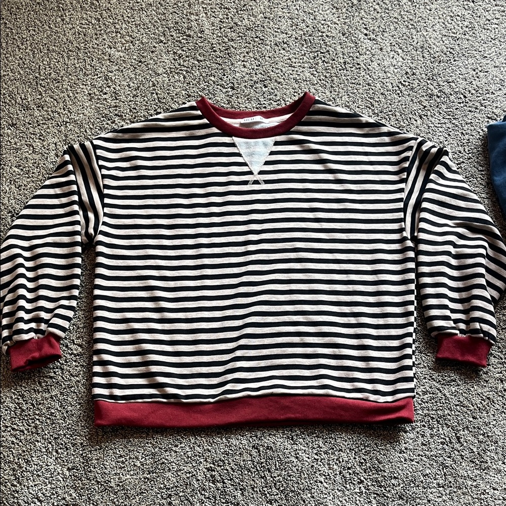Striped Black and Cream Sweater with Red Accents - Oversized